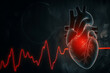 Model of a human heart on a dark background with a cardiogram pulse line