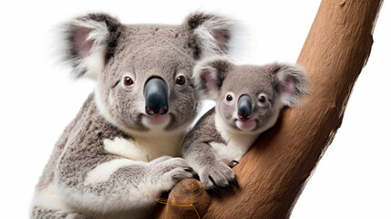 a koala holding a baby koala on a branch