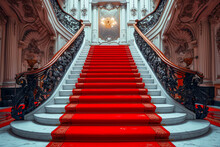 Red Carpeted Stairway With Gold Circular Object At The Top.