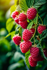 Canvas Print - Group of ripe raspberries growing on tree branch.