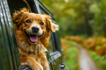 Poster - Dog is hanging out of car window looking at the camera and smiling with its tongue out.