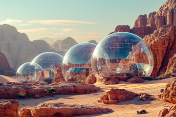 Poster - Rendering of several bubbles in desert setting giving artistic and futuristic vibe to the scene.