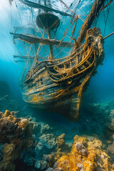 Sticker - Shipwreck is seen underwater with rope attached to it and small boat floating nearby.