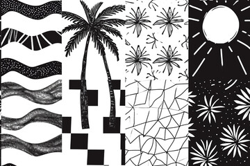 Pattern with 4 quarters, in two opposite quarters there is a minimalistic palm tree, in the other two there is a sun, organic hand drawn , black and white