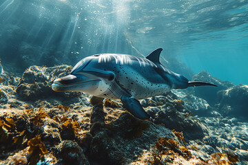 Wall Mural - Dolphins swimming in deep sea