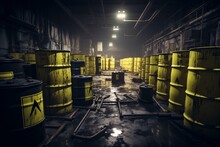 A Dimly Lit, Deserted Industrial Warehouse Filled With Yellow Hazardous Material Barrels, Some Open, With Caution Symbols. 