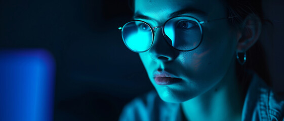 Wall Mural - woman in glasses bathed in the blue glow of screens, absorbed in digital wonders, a portrait of tech