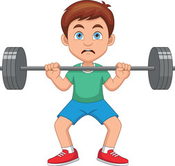 Wall Mural - cute boy lifting weights cartoon