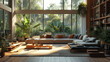 A living room with modular furniture, allowing for flexible arrangements, and large windows bringing in natural light. 
