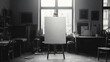 A monochrome art studio with clean lines, showcasing a solitary canvas on an easel and natural light pouring in. 