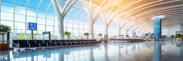 futuristic architecture in modern airport with view through very big windows to the gate