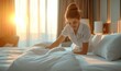 Young maid making bed in light hotel room.Generative AI