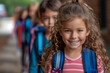 © Zenturio Designs - A group of  female first graders go to enrollment on their first day at school. Education and start into a new future. Wallpaper and poster for news articles.