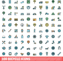 Sticker - 100 bicycle icons set. Color line set of bicycle vector icons thin line color flat on white
