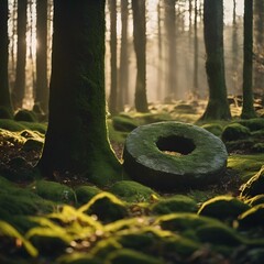 Poster - AI generated illustration of a mossy forest with distant tall trees