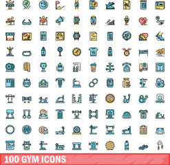 Sticker - 100 gym icons set. Color line set of gym vector icons thin line color flat on white