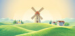 Rural summer landscape with of a village and with a windmill standing on a hill, in the dawn of sun. Vector illustration.