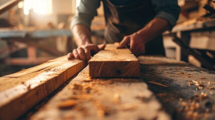 Sticker - man owner a small furniture business is preparing wood for production. carpenter male is adjust wood to the desired size. architect, designer, Built-in, professional wood, craftsman, workshop..