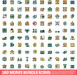 © ylivdesign - 100 money bundle icons set. Color line set of money bundle vector icons thin line color flat on white
