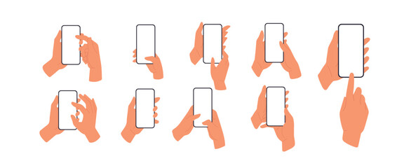 Mobile phone screen mockups set. Hands hold smartphone. Flat vector illustrations isolated on white
