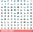 © ylivdesign - 100 pool icons set. Color line set of pool vector icons thin line color flat on white