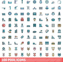 Sticker - 100 pool icons set. Color line set of pool vector icons thin line color flat on white