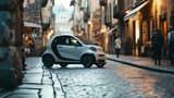 Fototapeta Fototapeta uliczki - A compact city car navigating through narrow bustling streets of an old European town highlighting agility and practicality.
