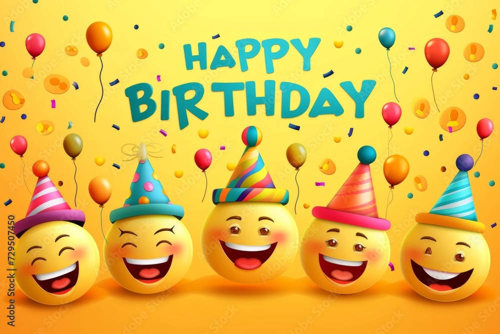 Happy Birthday with emojis with many balloons and confetti Generative AI