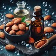 Almond essential oil in dark glass bubbles and fresh almond nuts
