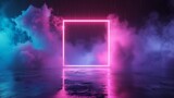 Fototapeta  - 3D render of an abstract minimal background with a square frame illuminated by pink and blue neon lights, stormy clouds depicted within the frame