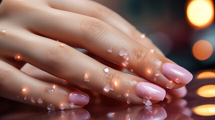 Wall Mural - wide manicure banner background image with beautiful fingers of a lady hand with polished pink color nails and smooth skin color with water drops 