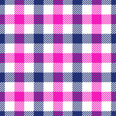 Wall Mural - Dark blue and vivid pink color gingham check plaid seamless pattern, vichy pattern, checkered background for textile design, napkin, blanket, wrapping paper, cover, tablecloth. Vector illustration.