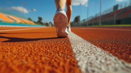 Sticker - Athlete running on a track in sunlight banner. Athlete running on racetrack at stadium. Close up of athlete legs.