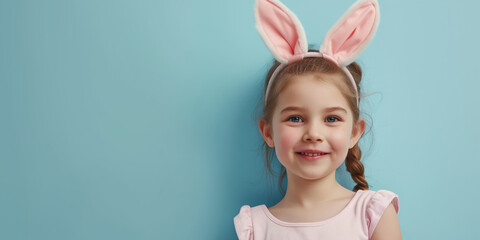 Wall Mural - Fun little girl with pink bunny ears on a coloured background smiling with space for your text, Easter holiday