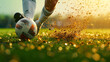 An intense close-up of a soccer players foot striking a ball with grass flying up around the impact.