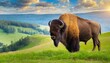 A giant bison, buffalo standing in a meadow, grass field, sunny