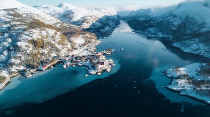 Poster - Mountain river on a beautiful sunny day. Snowy winter landscape of mountains with a cold clear river. Global Warming and melting ice concept. Beautiful drone shot of the river in the mountains.