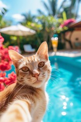 Poster - An orange and white cat standing next to a pool