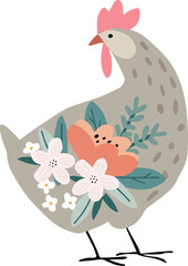 Wall Mural - Cute brown hand drawn hen bird with flowers pattern. Decorative pastel floral design. Symbol of Easter, springtime. Isoalted vector illustration. Domestic farm animal. Chicken icon, clipart.