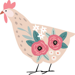 Wall Mural - Cute pastel pink hand drawn hen bird with flowers pattern. Decorative floral design. Symbol of Easter, springtime. Isoalted vector illustration. Domestic farm animal. Chicken icon, clipart.