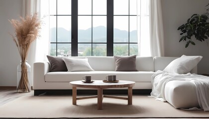 Rustic coffee table near white fabric sofa against window. Japandi style home interior design of modern living room