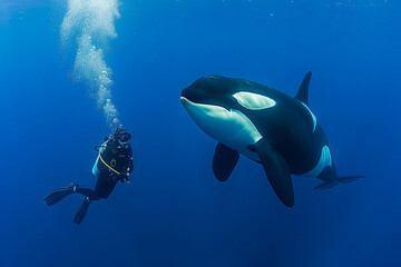 Wall Mural - Diver swimming with orca generative ai
