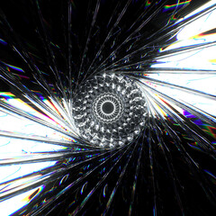 3d render of abstract art with transform rotating fractal diamond crystal circular symmetry mandala symbol in curve lines forms in glass material with color dispersion effect on black background