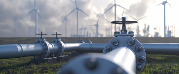 Wall Mural - a hydrogen pipeline with wind turbines in the background. green hydrogen production concept