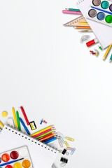 Wall Mural - Color paints and school supplies on desk background