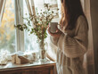 © PixelMinds - Frau genießt Morgenkaffee am Fenster - Gemütlichkeit und Eleganz