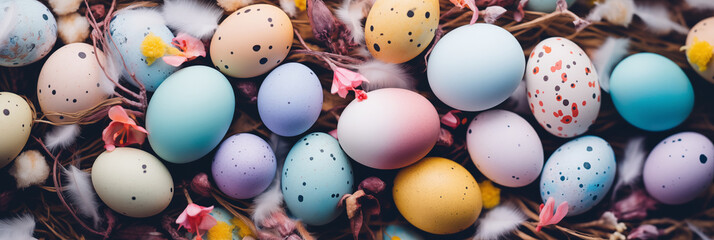 Wall Mural - Vibrant assortment of decorated Easter eggs among feathers and flowers banner. Panoramic web header. Wide screen wallpaper