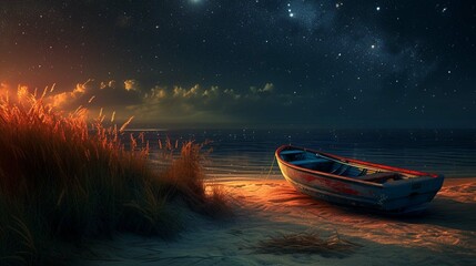 Wall Mural - 
Boat on the beach in the night wallpaper background landscape boating wallpaper with dreamy look. Generative AI.