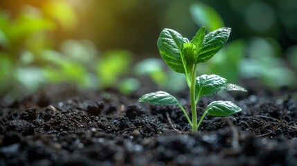 Wall Mural - Close up green seedling growing on fertile soil with blurred nature background. Generative AI