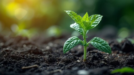 Wall Mural - Close up green seedling growing on fertile soil with blurred nature background. Generative AI